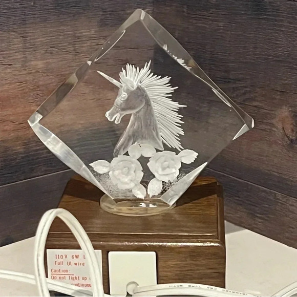 Unicorn Crystal Glass Laser Etched Hologram Lighted Wooden Base Plug In Triangle - Picture 3 of 11